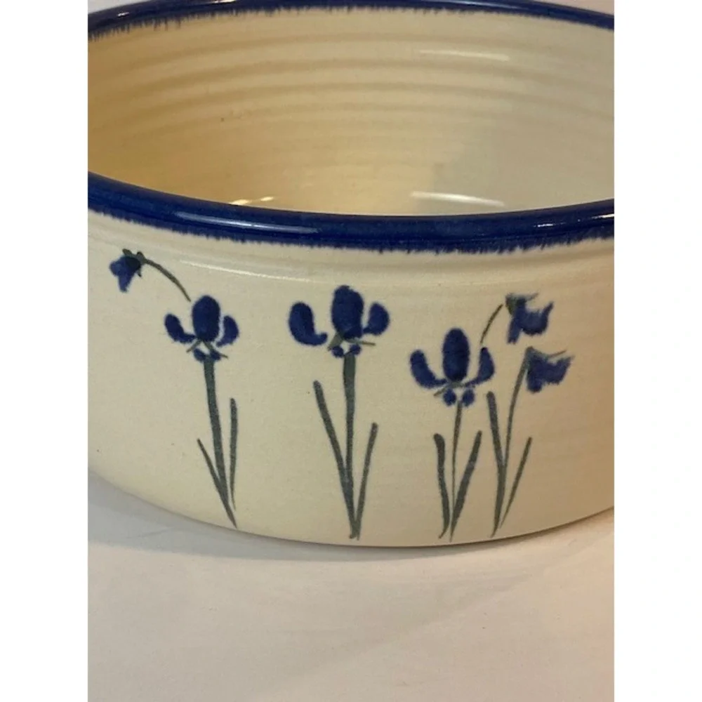 Lynn Gray Signed Studio Pottery Bowl Blue Iris Floral Cobalt Rim Large 9.5 Inch